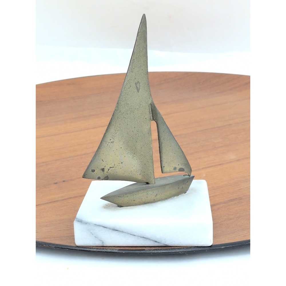 Brass Sailboat Sculpture Marble Base MCM Nautical Decor VTG 6"